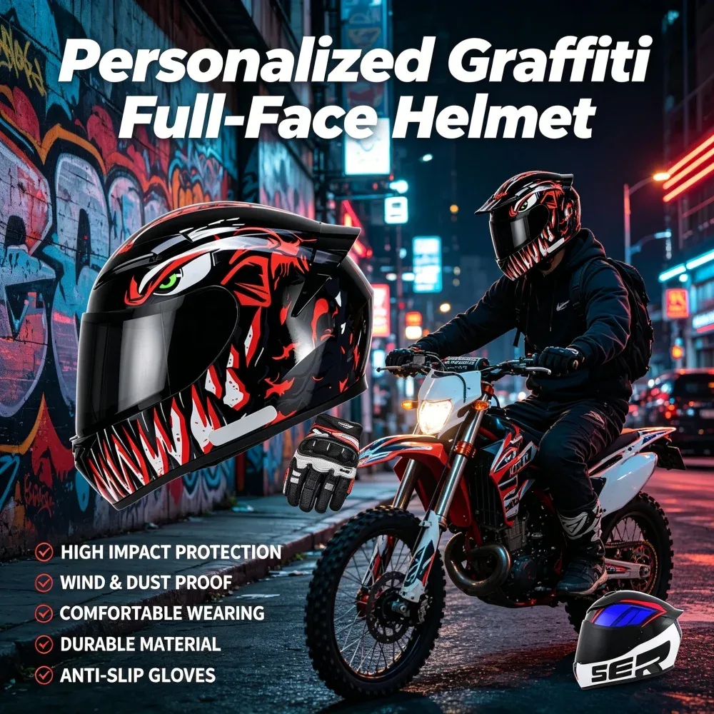 Casque moto intégral graffiti ventilé en ABS