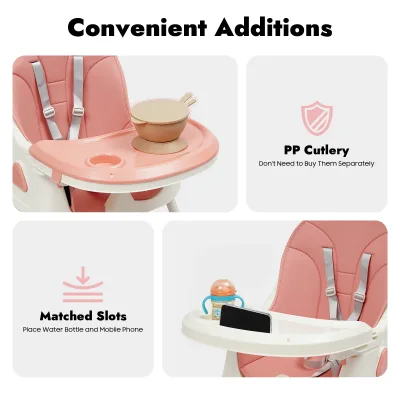 Chaise haute bébé rose 2-en-1 à plateau réglable – image 2