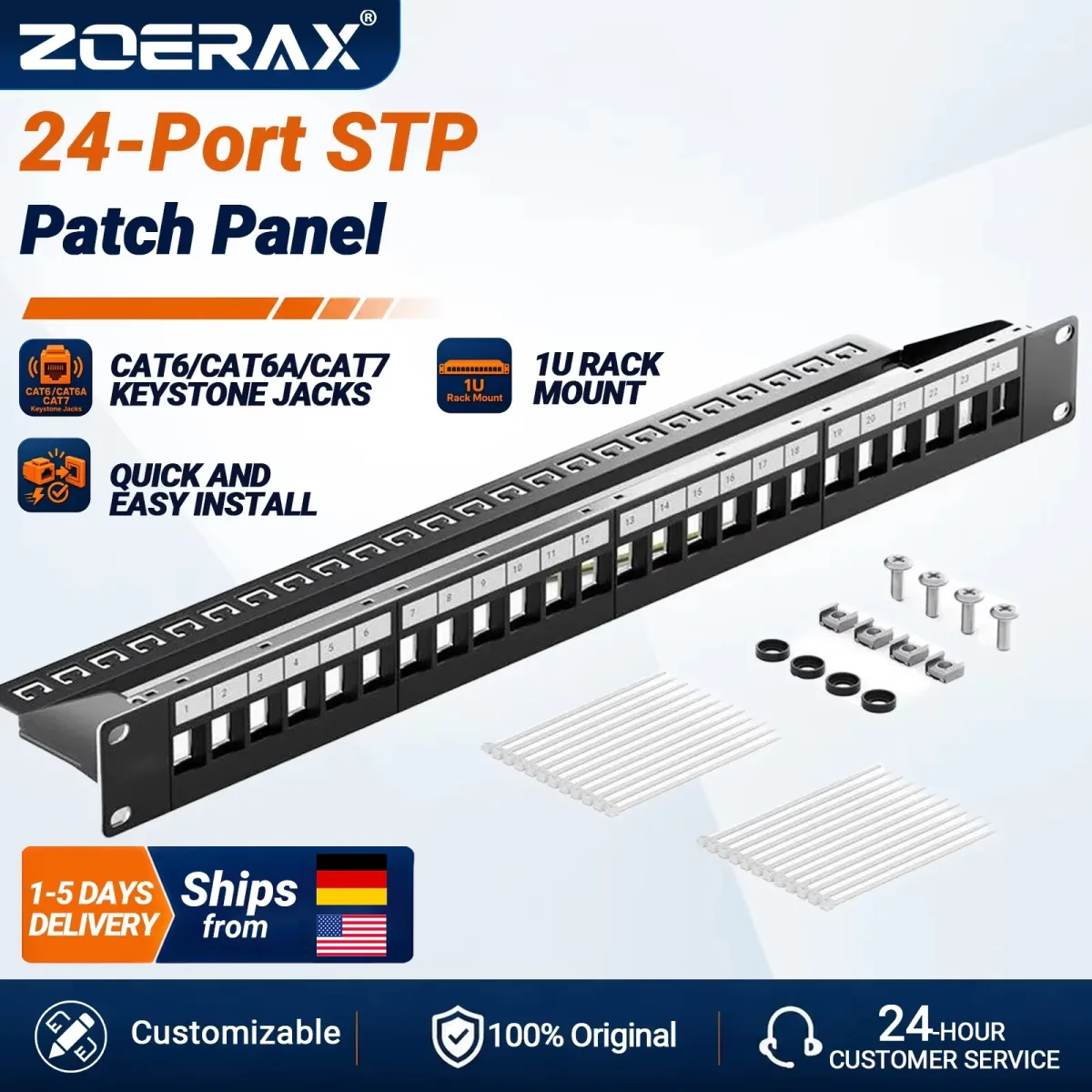 Panneau de brassage vierge 24 ports 1U en acier